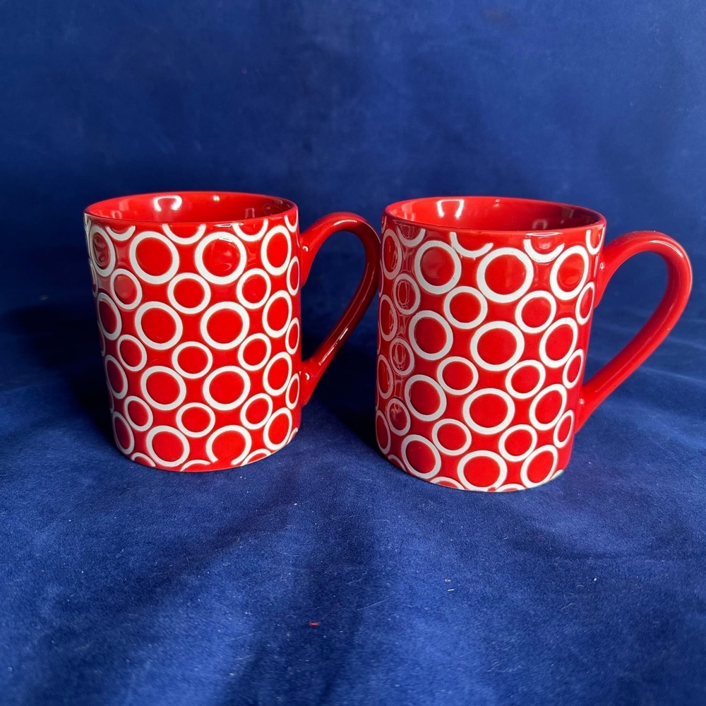 Set of 2 Food Network Coffee Tea Mug Red Ceramic Embossed Circles Design